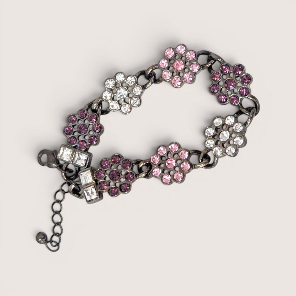 Vintage La Fleur Rhinestone Floral Charm Bracelet